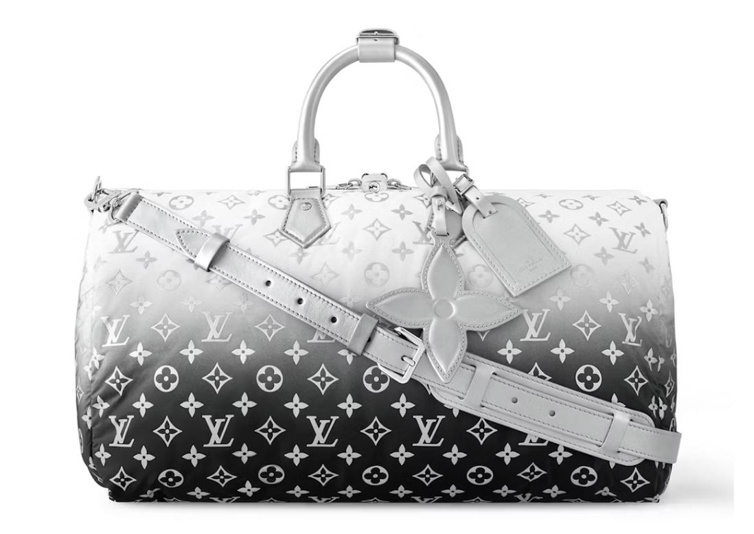 Louis Vuitton Keepall Bandouliere 45 Frost Gardiant Silver dégradé argent noir logo icône 