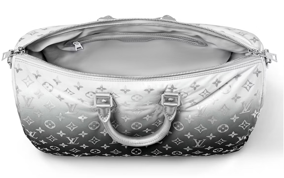Louis Vuitton Keepall Bandouliere 45 Frost Gardiant Silver dégradé argent noir logo icône intérieur