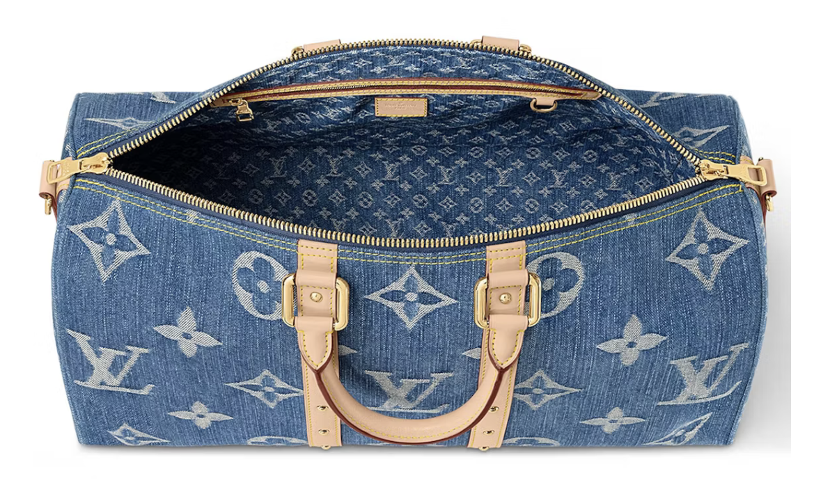 Louis Vuitton Keepall Bandouliere 45 Monogram Denim Blue intérieur beige logo icône