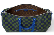 Louis Vuitton Keepall Bandouliere 50 Damier Heritage Blue Green bagage carreaux damier bleu vert blanc avion intérieur cuir marron