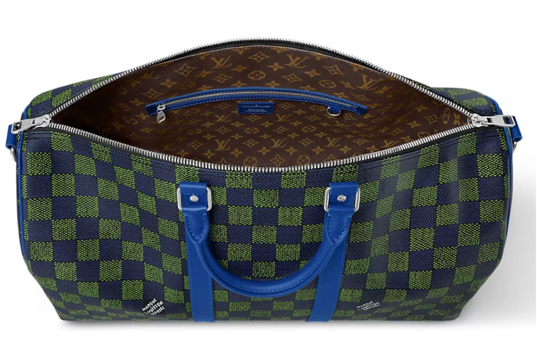 Louis Vuitton Keepall Bandouliere 50 Damier Heritage Blue Green bagage carreaux damier bleu vert blanc avion intérieur cuir marron