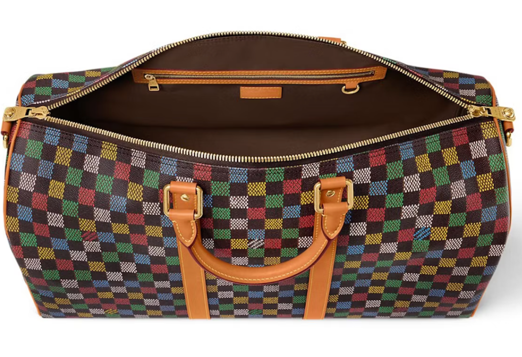 Louis Vuitton Keepall Bandouliere 50 LV Vers Damier Ebene Multicolor carreaux orange lanière intérieur