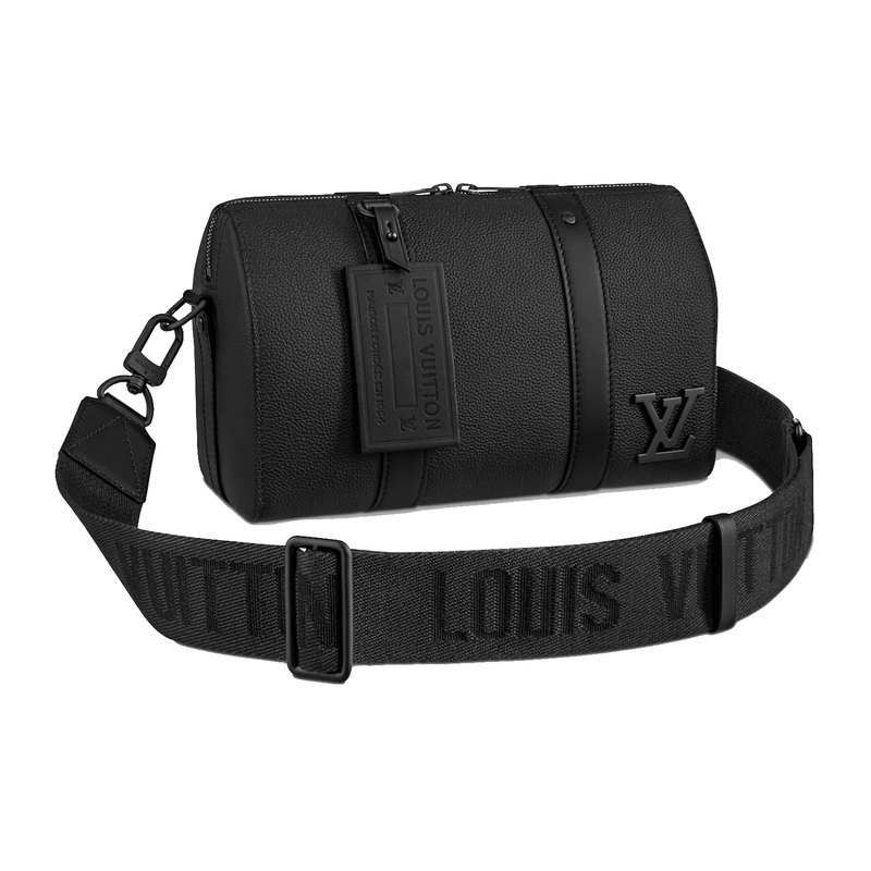 Louis Vuitton Keepall City Aerogram Black en cuir de veau Aerogram noir avec poignées roulées, bandoulière réglable et amovible, fermeture zippée et finitions métalliques.