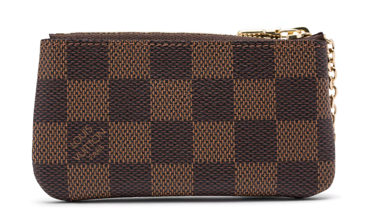 Louis Vuitton Key Pouch Damier Ebene en toile Damier Ébène marron avec fermeture zippée dorée, chaîne et anneau porte-clés.