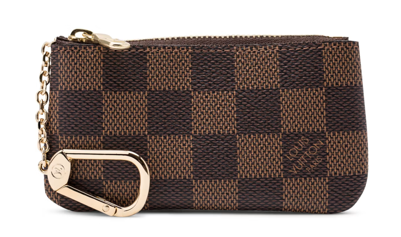 Louis Vuitton Key Pouch Damier Ebene en toile Damier Ébène marron avec fermeture zippée dorée, chaîne et anneau porte-clés.