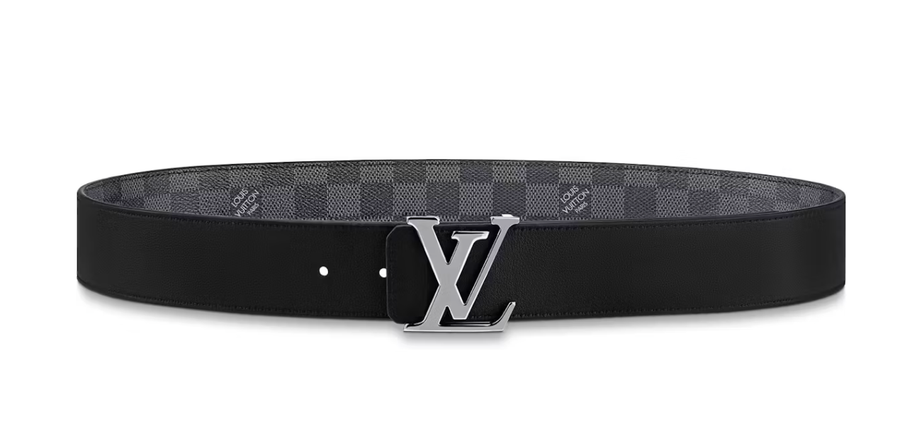 Louis Vuitton LV Initiales Silver Buckle Reversible Belt Damier Graphite 40mm Black Lining avec toile gris-noir, cuir noir et boucle LV argentée.