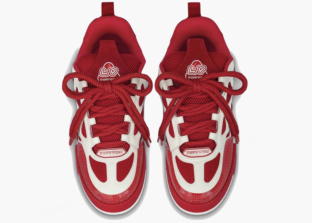 Louis Vuitton LV Skate Sneaker Red White, sneaker de luxe Louis Vuitton rouge et blanche inspirée du skate avec matériaux premium et finitions haut de gamme.