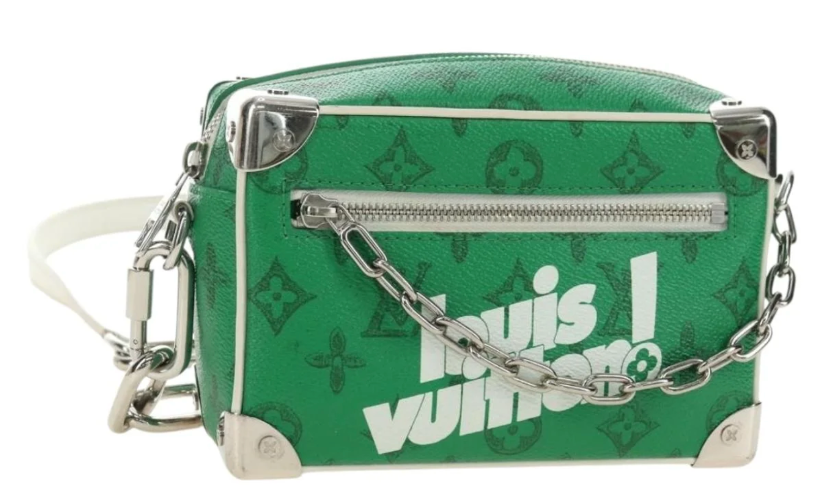 Louis Vuitton Mini Soft Trunk Monogram Green en toile enduite verte à motif Monogram avec finitions métalliques argentées et format compact.