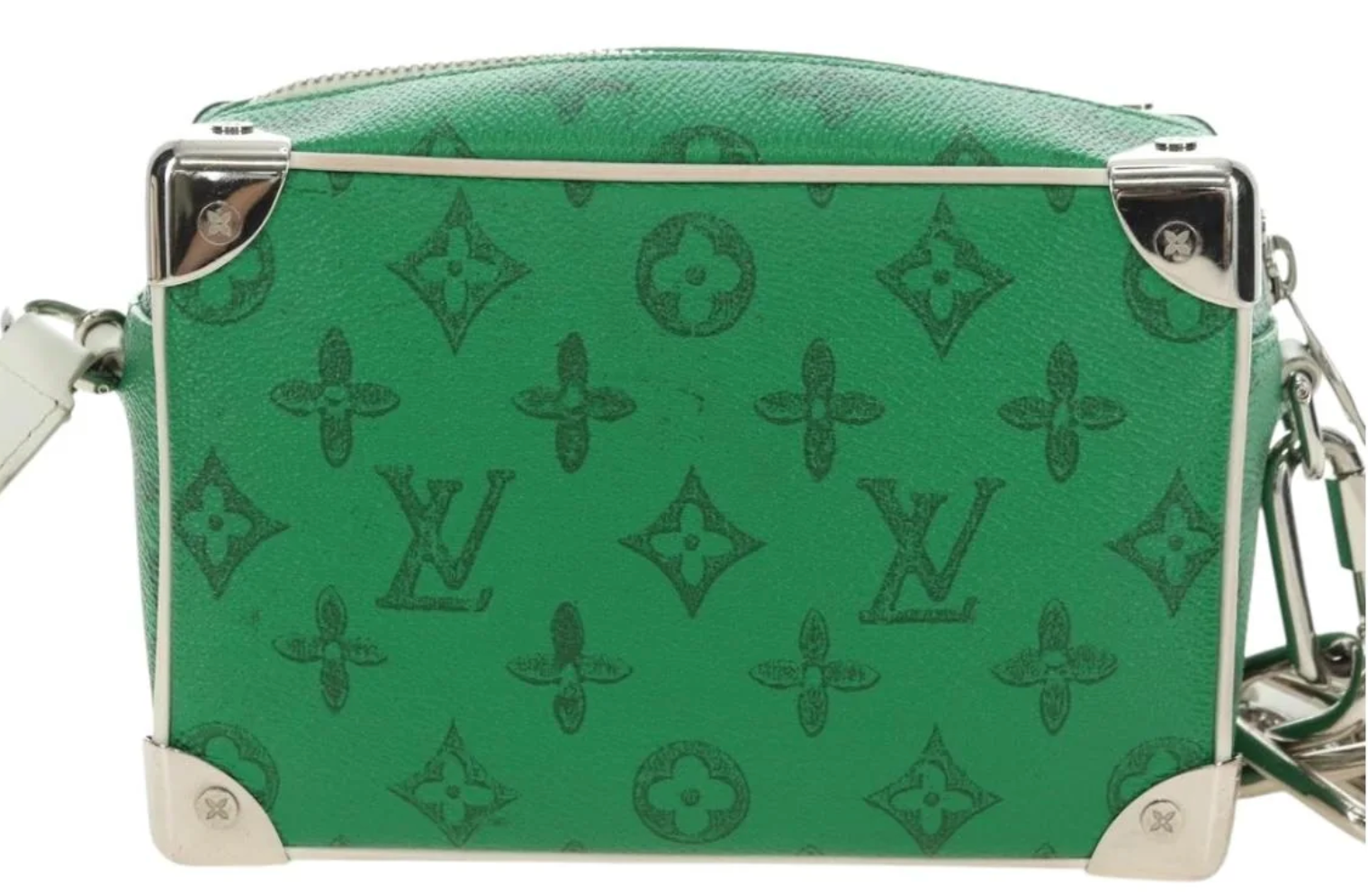 Louis Vuitton Mini Soft Trunk Monogram Green en toile enduite verte à motif Monogram avec finitions métalliques argentées et format compact.