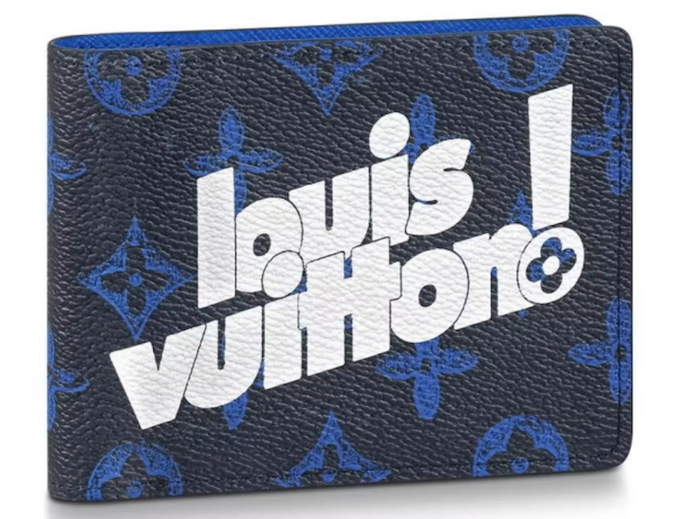 Louis Vuitton Multiple Wallet bleu logo blanc texte noir