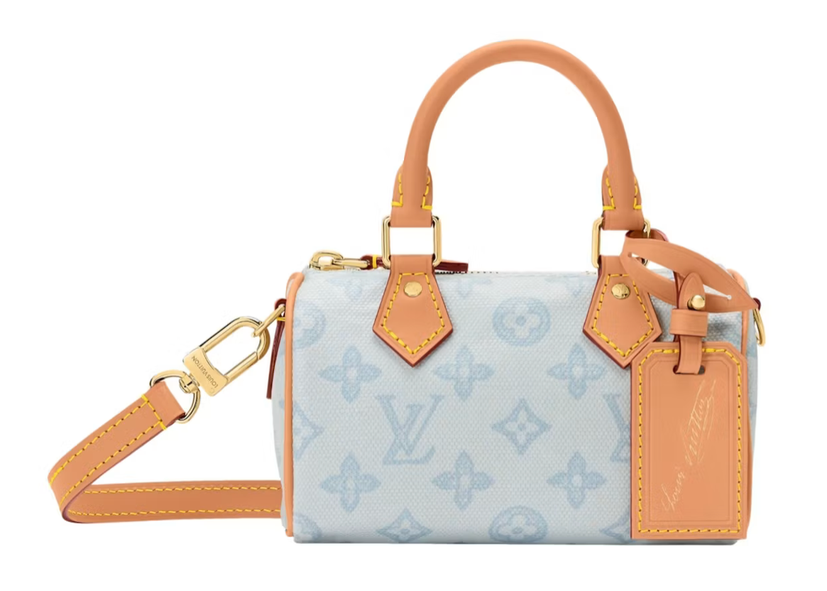 Louis Vuitton Nano Speedy Bleu Courrier Monogram Origine M28323 en toile bleu clair à motif Monogram, détails dorés et double poignée.