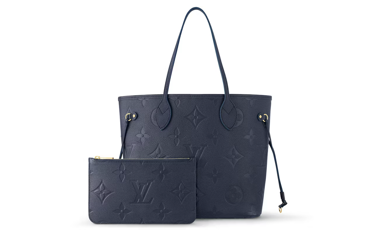 Louis Vuitton Neverfull MM Navy bleu or logo pochette icône