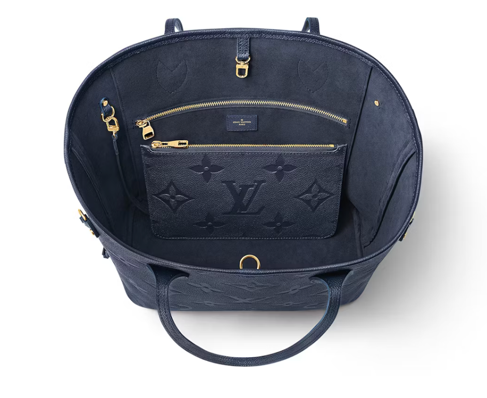 Louis Vuitton Neverfull MM Navy intérieur logo or bleu icône 