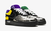 Louis Vuitton Nike Air Force 1 Low By Virgil Abloh Black Metallic Silver avec tige noire, détails argentés, jaunes et bleus et silhouette Air Force 1.