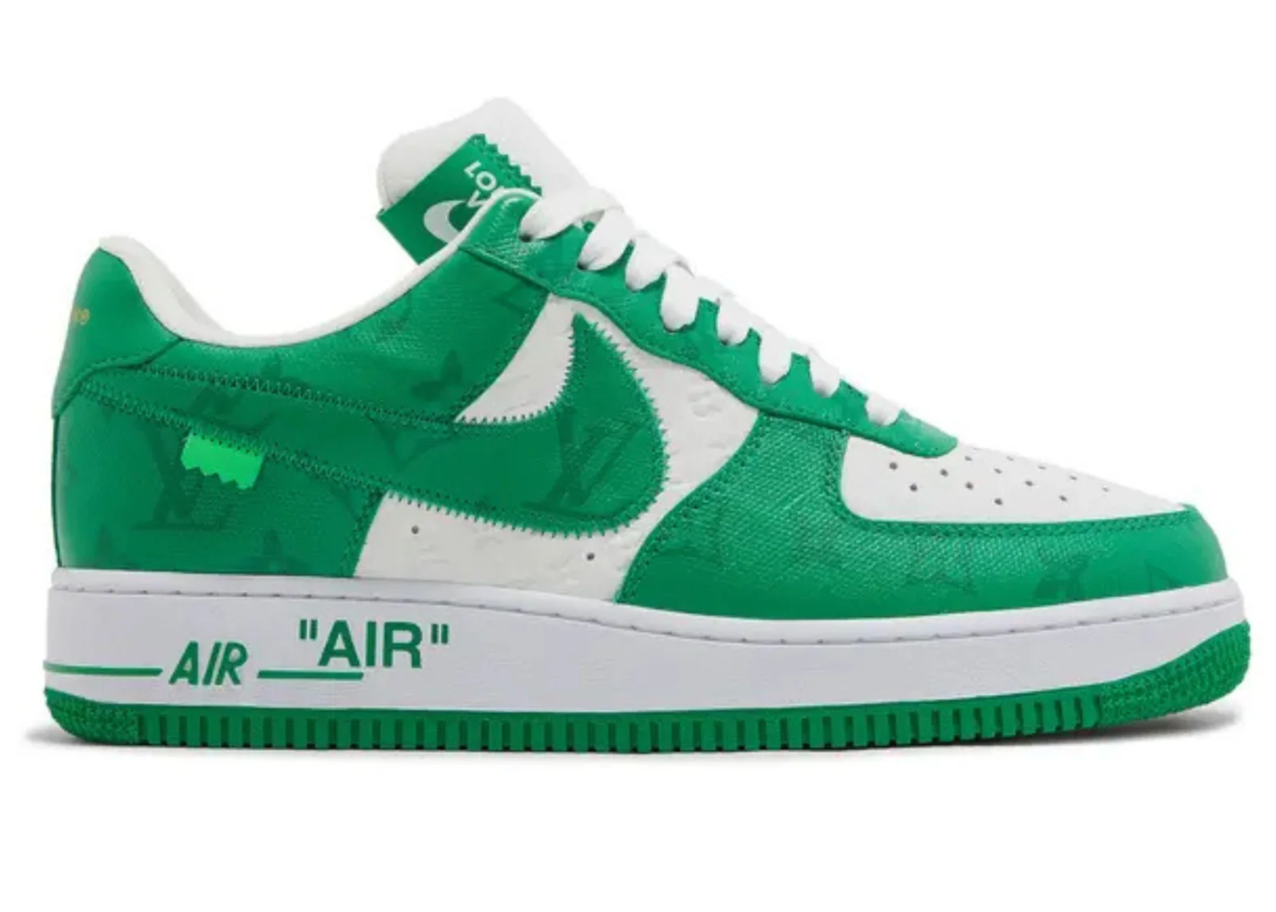 Louis Vuitton Nike Air Force 1 Low By Virgil Abloh White Green en cuir blanc et toile Monogram verte avec Swoosh Nike et semelle verte.