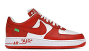 Louis Vuitton Nike Air Force 1 Low By Virgil Abloh White Red avec tige en cuir premium blanc, détails rouges, amorti Nike Air et semelle extérieure en caoutchouc emblématique.