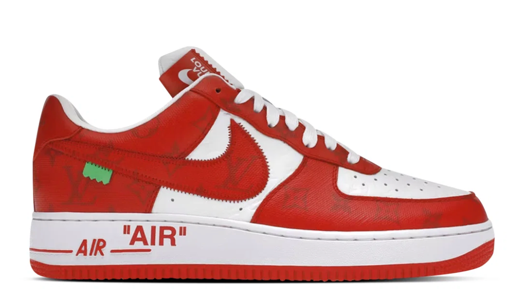 Louis Vuitton Nike Air Force 1 Low By Virgil Abloh White Red avec tige en cuir premium blanc, détails rouges, amorti Nike Air et semelle extérieure en caoutchouc emblématique.