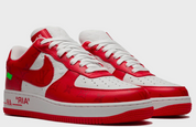 Louis Vuitton Nike Air Force 1 Low By Virgil Abloh White Red avec tige en cuir premium blanc, détails rouges, amorti Nike Air et semelle extérieure en caoutchouc emblématique.