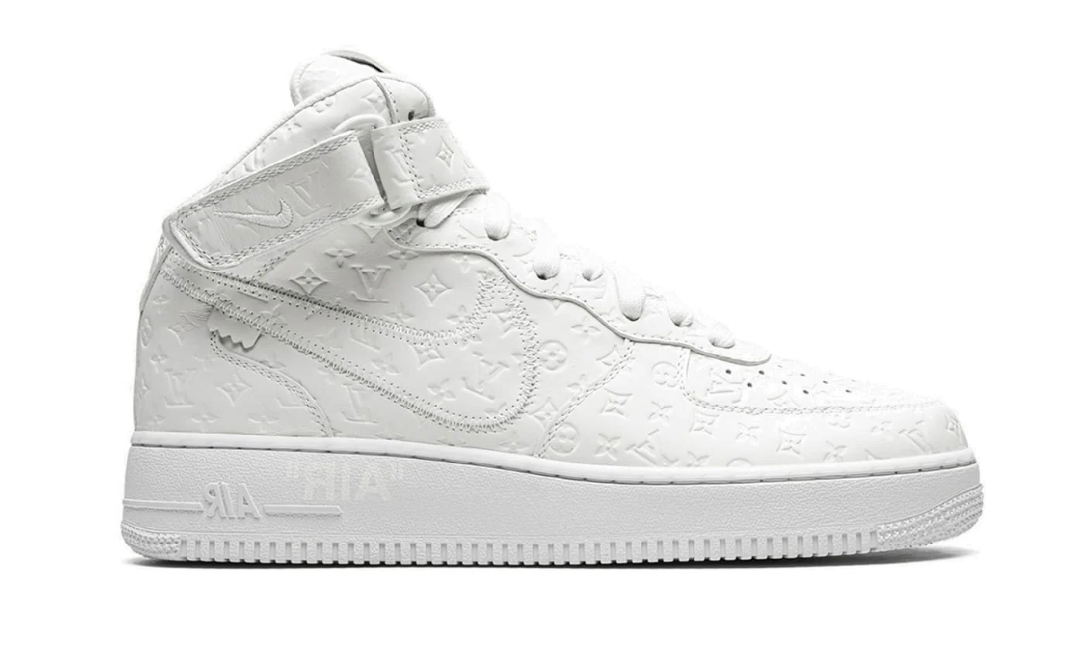 Louis Vuitton Nike Air Force 1 Mid By Virgil Abloh White en cuir de veau blanc Monogram avec bride de cheville, Swoosh ton sur ton et détails dorés.