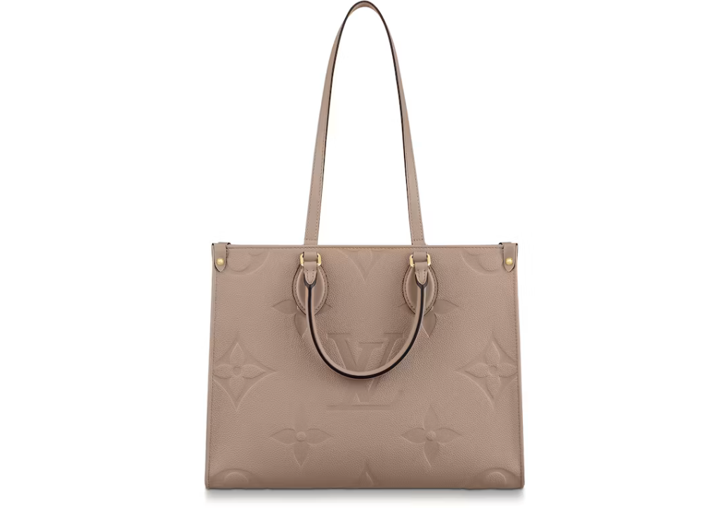 Louis Vuitton Onthego Empreinte MM Turtledove en cuir grainé beige-gris embossé Monogram avec finitions dorées et doubles anses.
