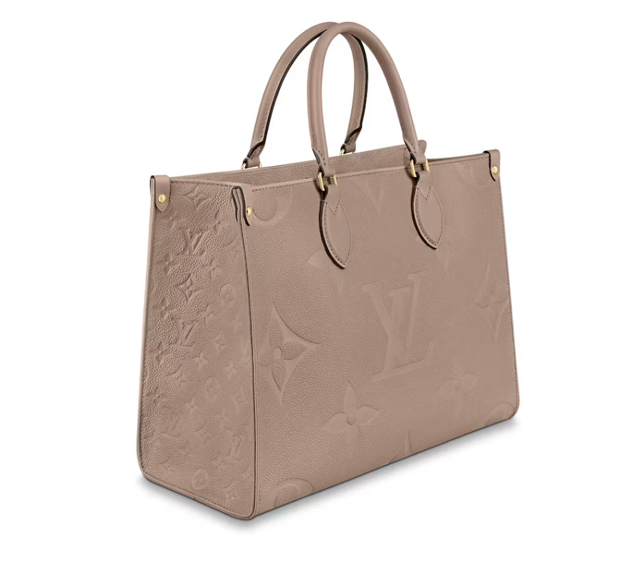 Louis Vuitton Onthego Empreinte MM Turtledove en cuir grainé beige-gris embossé Monogram avec finitions dorées et doubles anses.