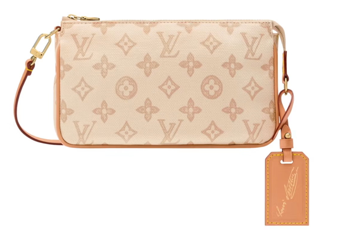 Louis Vuitton Pochette Accessories en toile Monogram brune avec garnitures en cuir naturel, chaîne dorée et bandoulière amovible.