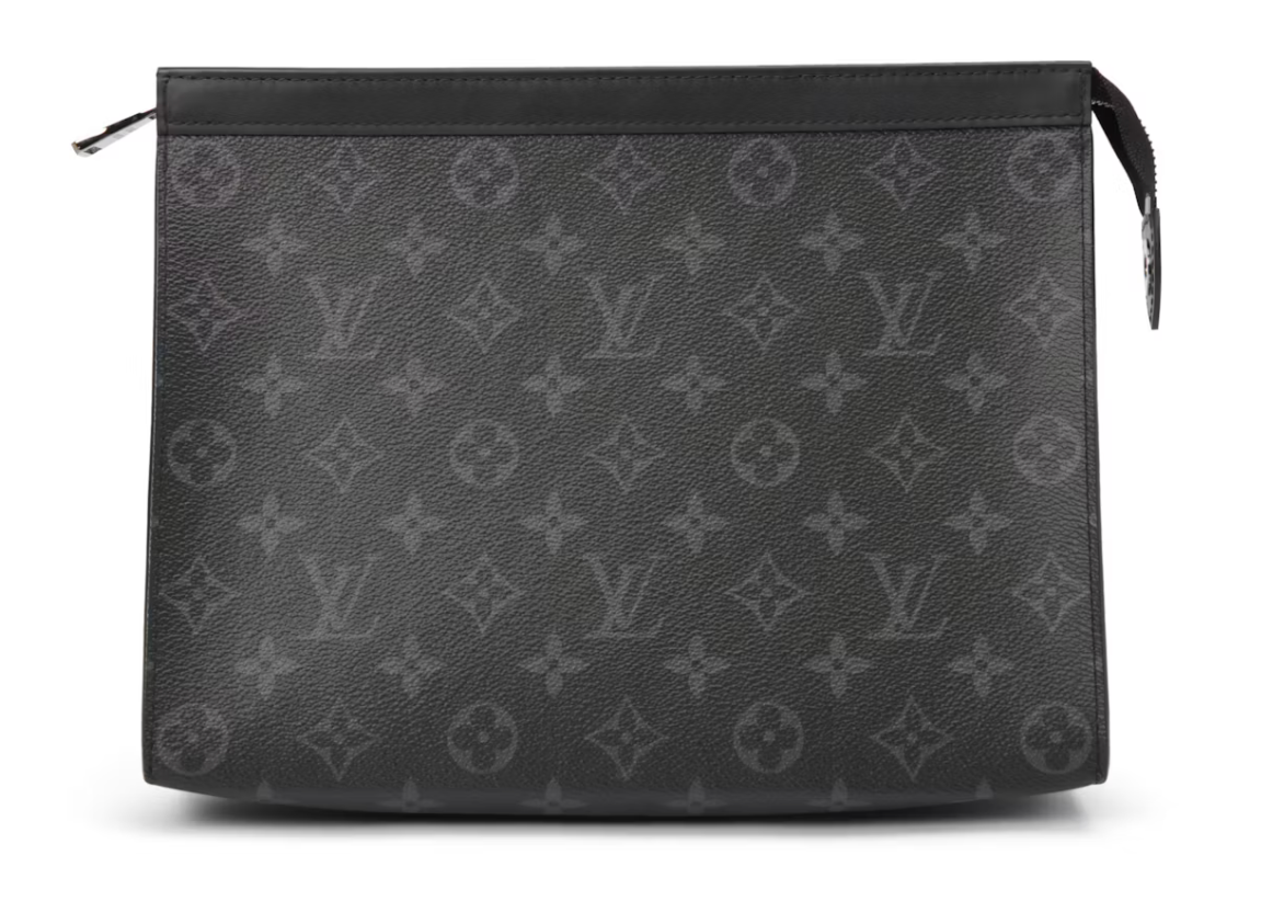 Grey en toile noire et grise à motif Monogram, avec fermeture zippée et format rectangulaire.