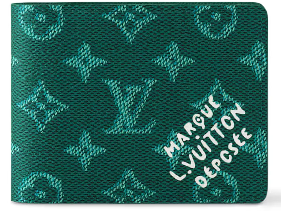 Louis Vuitton Portefeuille Multiple Vert vert logo bleu marque déposée blanc