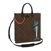 Louis Vuitton Sac Plat M45667 en toile Monogram noire avec détails orange, poignées en cuir, bandoulière amovible, fermeture zippée et silhouette structurée.