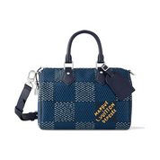Louis Vuitton Speedy 25 Bandoulière Damier Heritage Blue, sac Louis Vuitton bleu avec motif Damier Heritage, poignées Toron et bandoulière ajustable.
