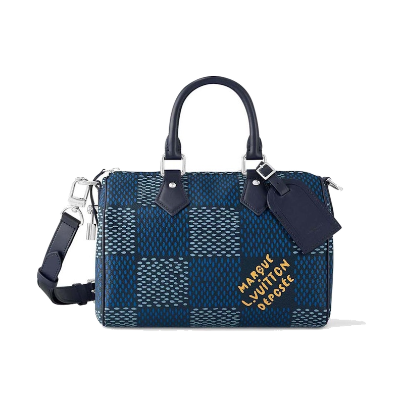 Louis Vuitton Speedy 25 Bandoulière Damier Heritage Blue, sac Louis Vuitton bleu avec motif Damier Heritage, poignées Toron et bandoulière ajustable.