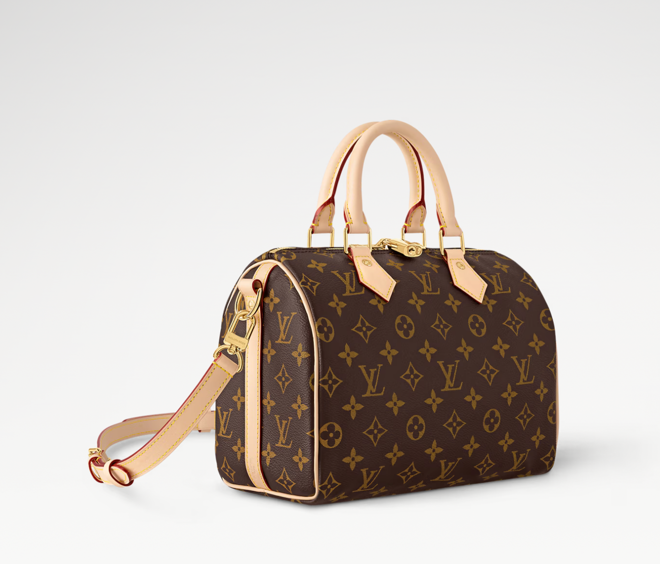 Louis Vuitton Speedy Bandoulière 25 Monogram Brown, sac Louis Vuitton en toile Monogram marron avec poignées en cuir naturel et bandoulière ajustable.
