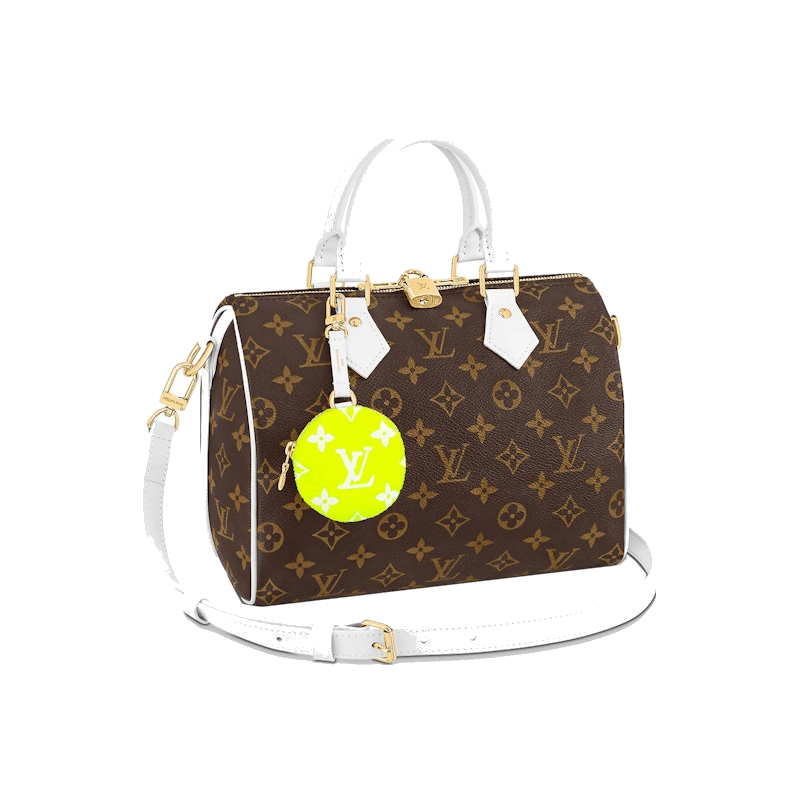 Louis Vuitton Speedy Bandoulière 25 White/Brown, sac Louis Vuitton blanc et marron avec poignées Toron, bandoulière ajustable et silhouette iconique.