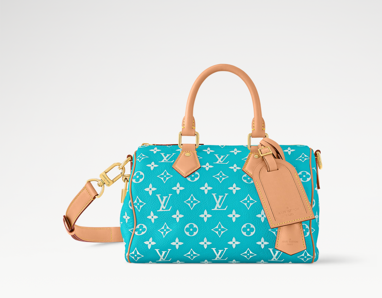 Louis Vuitton Speedy P9 Bandoulière 25 Turquoise, sac de luxe Louis Vuitton format 25 coloris turquoise avec bandoulière amovible et finitions haut de gamme.