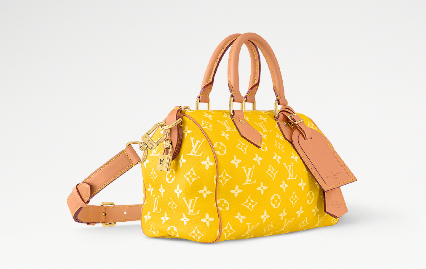 Louis Vuitton Speedy P9 Bandoulière 25 Monogram Leather Jaune Mat, sac Louis Vuitton en cuir Monogram embossé jaune mat avec poignées Toron et bandoulière ajustable.