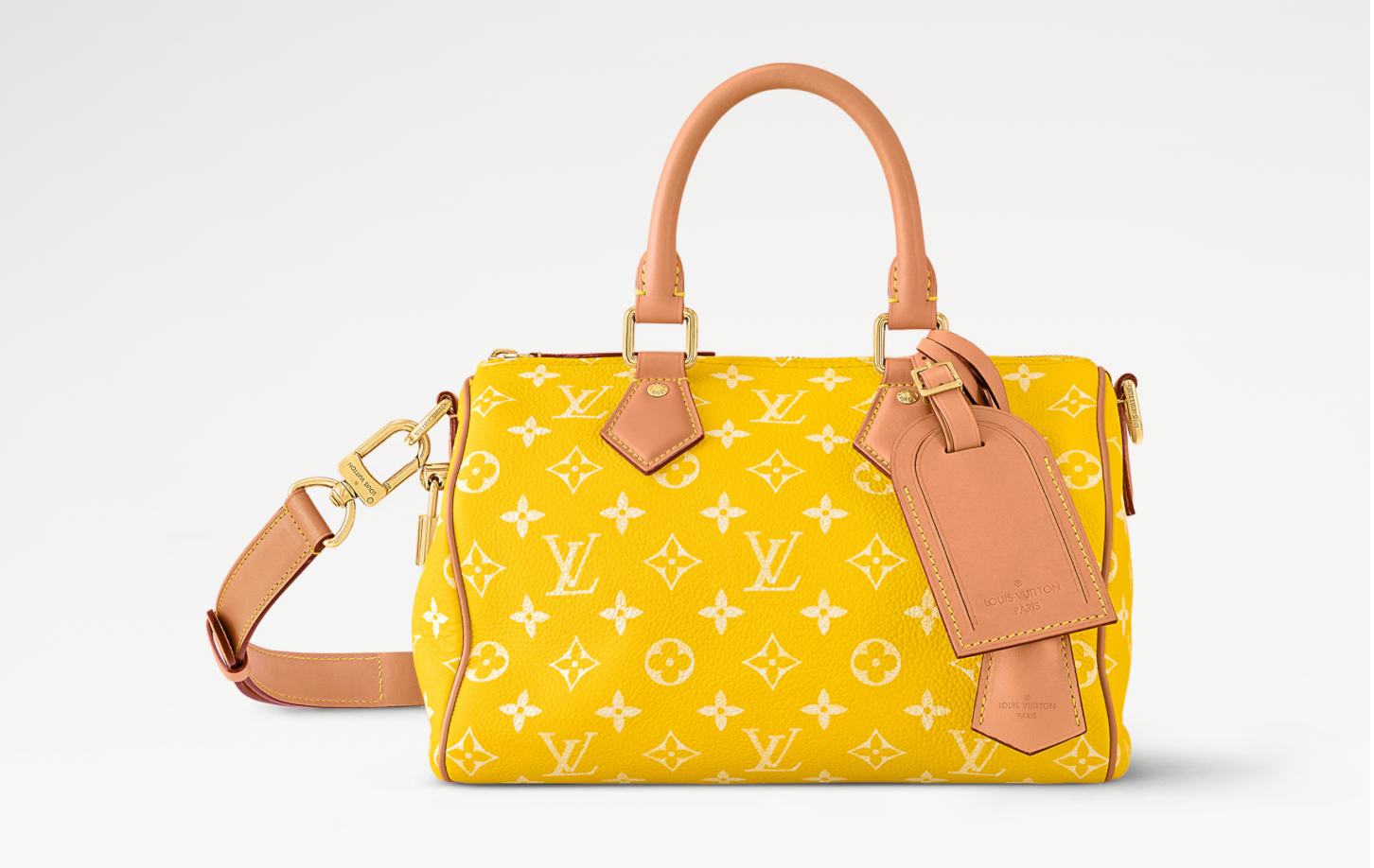 Louis Vuitton Speedy P9 Bandoulière 25 Monogram Leather Jaune Mat, sac Louis Vuitton en cuir Monogram embossé jaune mat avec poignées Toron et bandoulière ajustable.