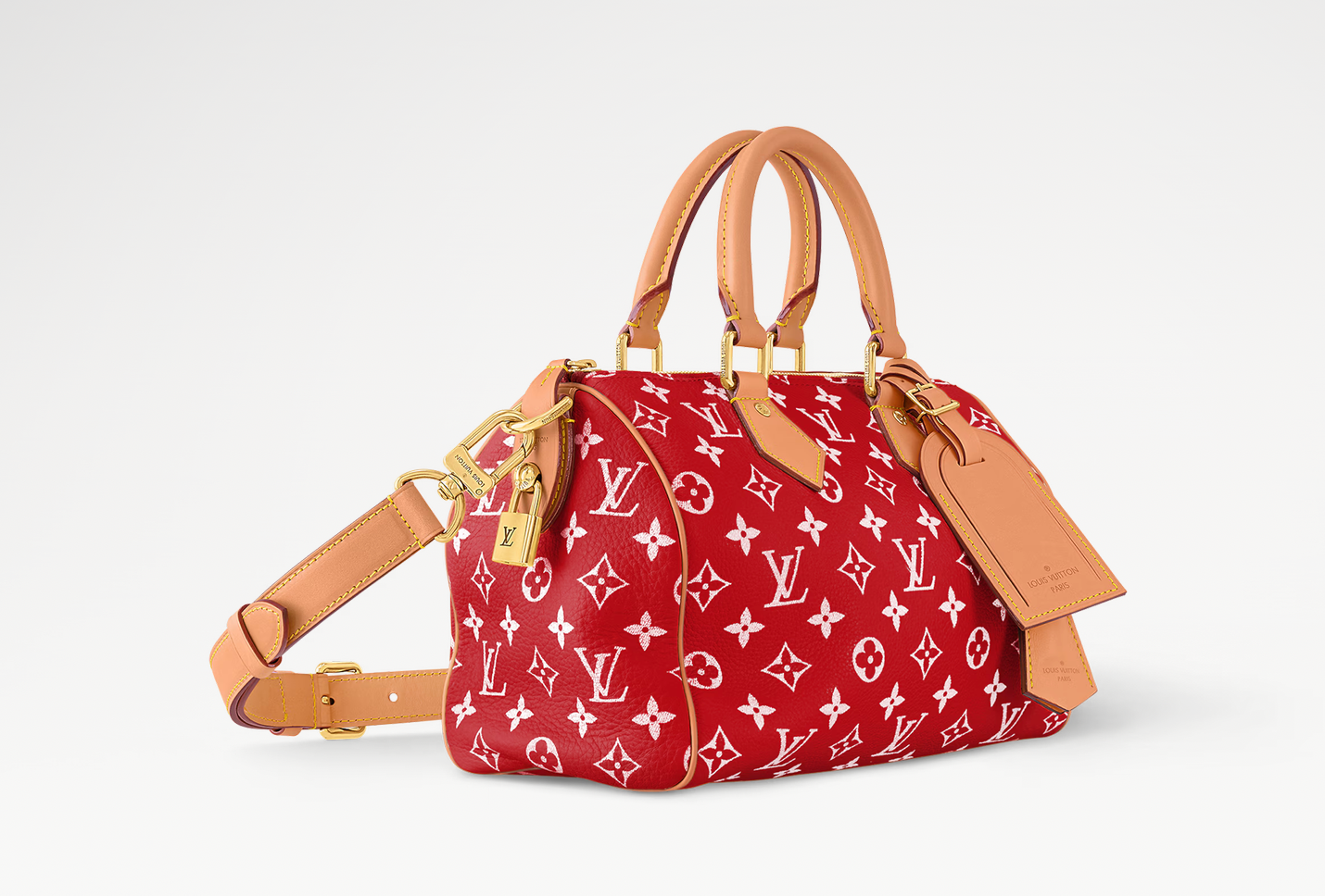 Louis Vuitton Speedy P9 Bandoulière 25 Monogram Leather Red, sac Louis Vuitton rouge en cuir Monogram embossé avec poignées Toron et bandoulière ajustable.