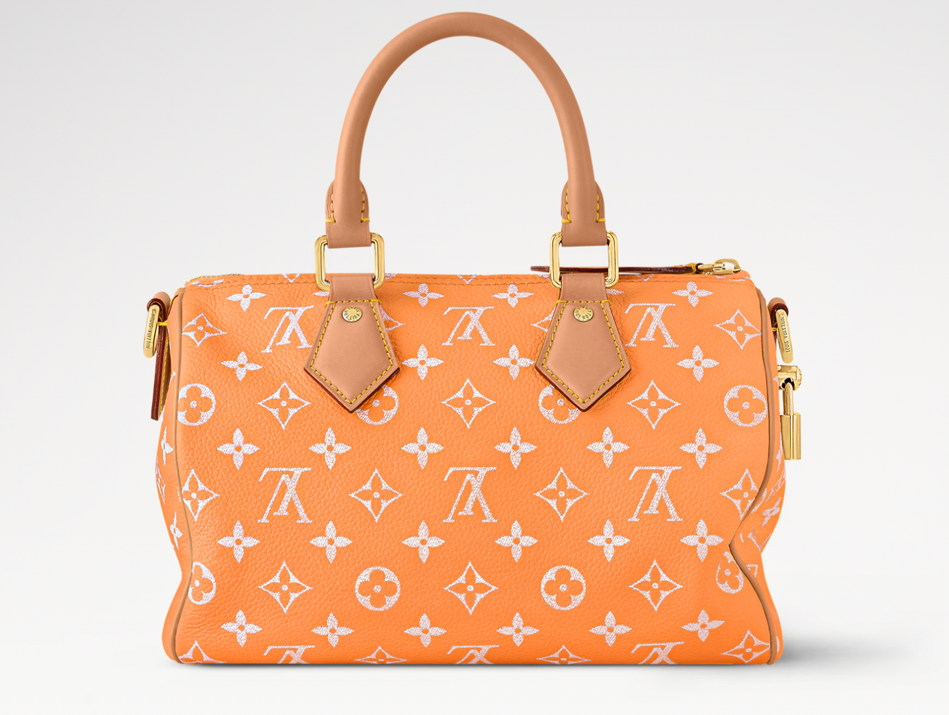 Louis Vuitton Speedy P9 Bandoulière 25 Summer Peach, sac Louis Vuitton en cuir souple coloris pêche avec motif Monogram et bandoulière ajustable.