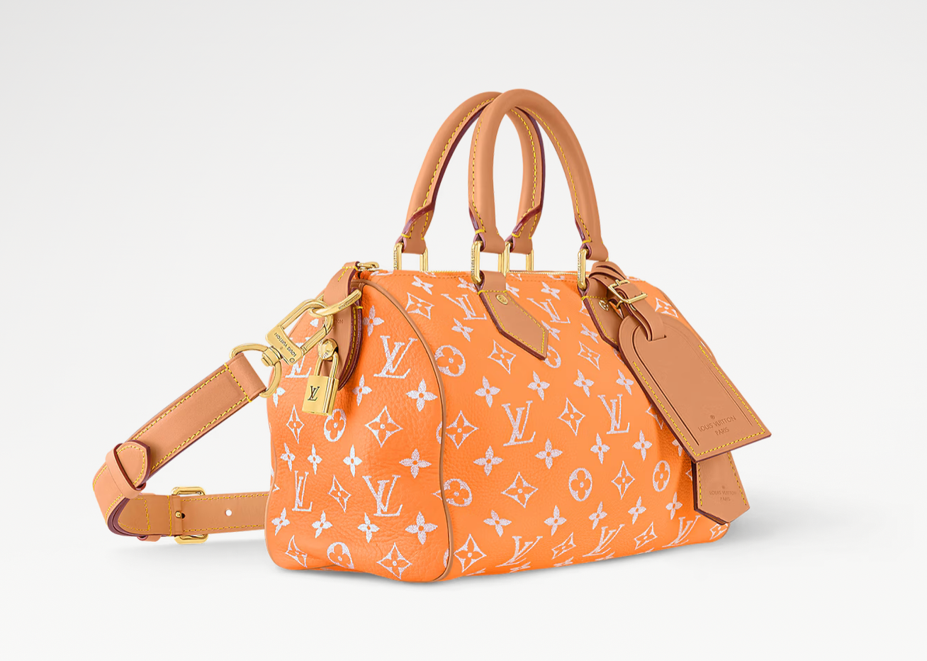 Louis Vuitton Speedy P9 Bandoulière 25 Summer Peach, sac Louis Vuitton en cuir souple coloris pêche avec motif Monogram et bandoulière ajustable.