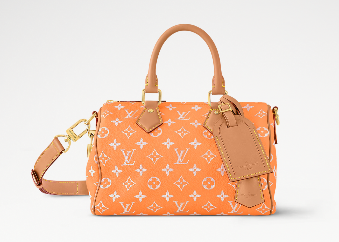 Louis Vuitton Speedy P9 Bandoulière 25 Summer Peach, sac Louis Vuitton en cuir souple coloris pêche avec motif Monogram et bandoulière ajustable.