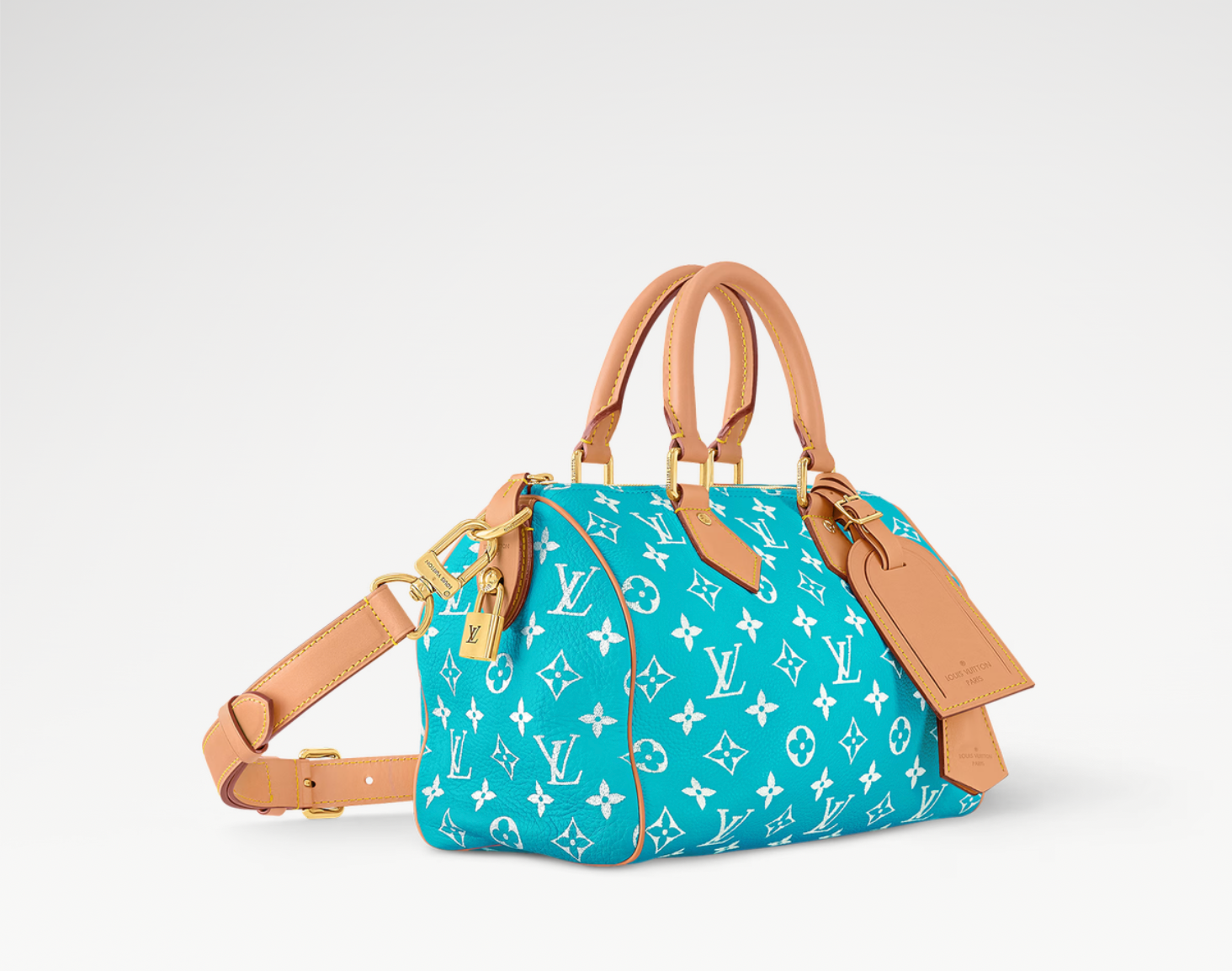 Louis Vuitton Speedy P9 Bandoulière 25 Turquoise, sac de luxe Louis Vuitton format 25 coloris turquoise avec bandoulière amovible et finitions haut de gamme.