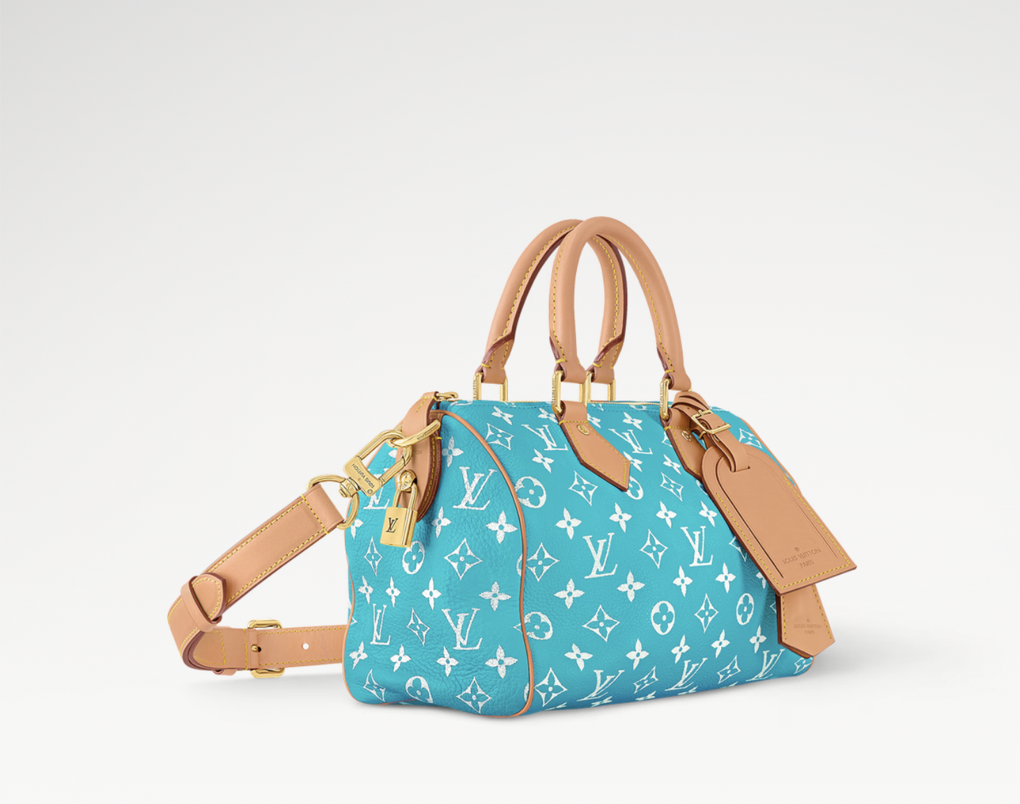 Louis Vuitton Speedy P9 Bandoulière 25 Turquoise, sac de luxe Louis Vuitton format 25 coloris turquoise avec bandoulière amovible et finitions haut de gamme.