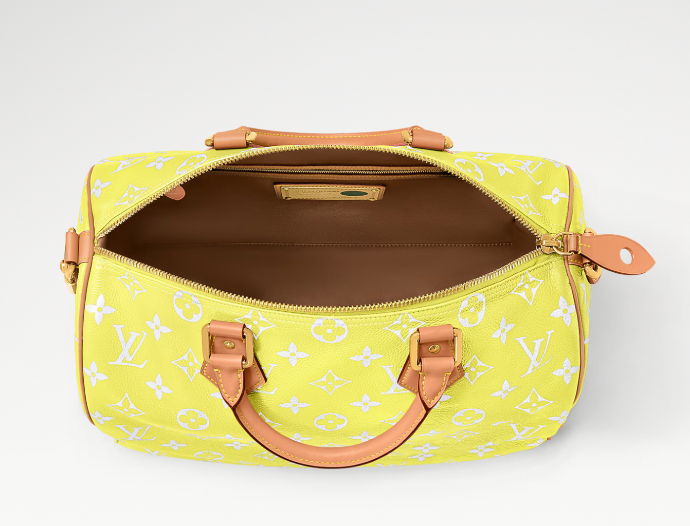 Louis Vuitton Speedy P9 Bandoulière 40 Lemonade Yellow, sac Louis Vuitton jaune en cuir souple Monogram avec poignées Toron et bandoulière ajustable.