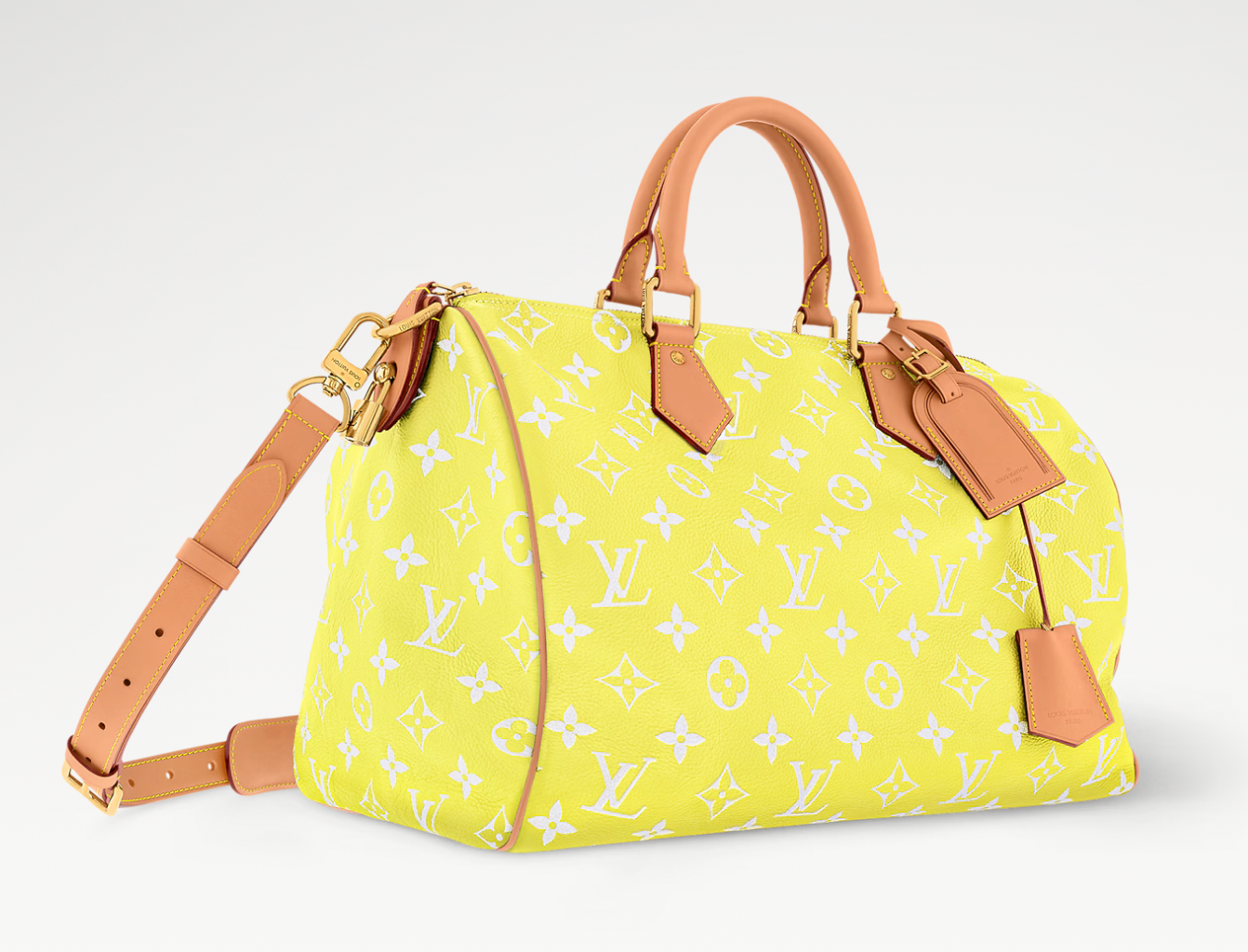 Louis Vuitton Speedy P9 Bandoulière 40 Lemonade Yellow, sac Louis Vuitton jaune en cuir souple Monogram avec poignées Toron et bandoulière ajustable.