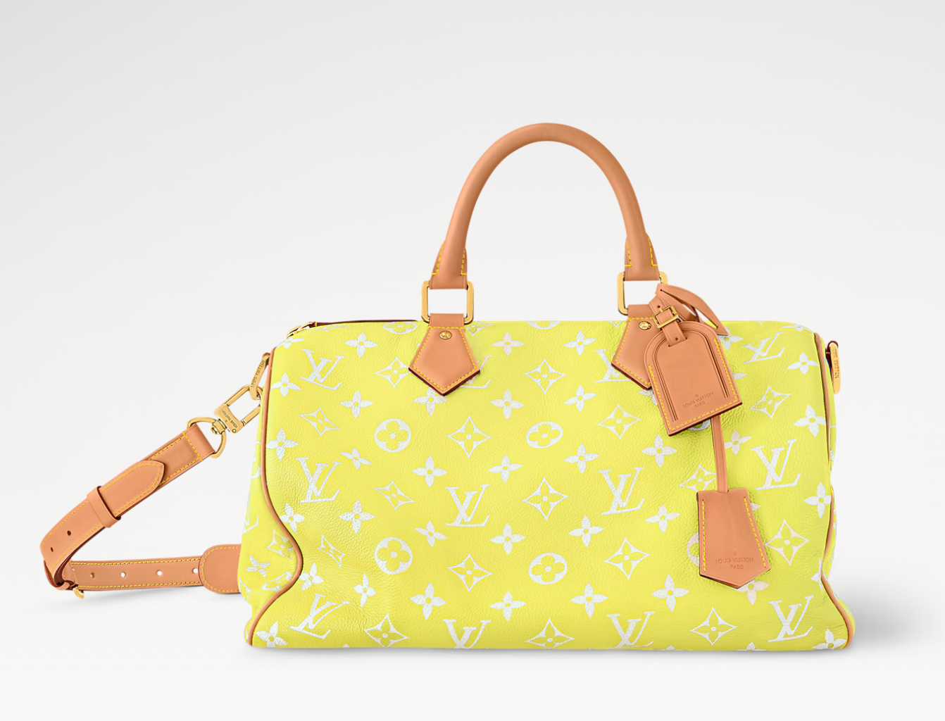 Louis Vuitton Speedy P9 Bandoulière 40 Lemonade Yellow, sac Louis Vuitton jaune en cuir souple Monogram avec poignées Toron et bandoulière ajustable.
