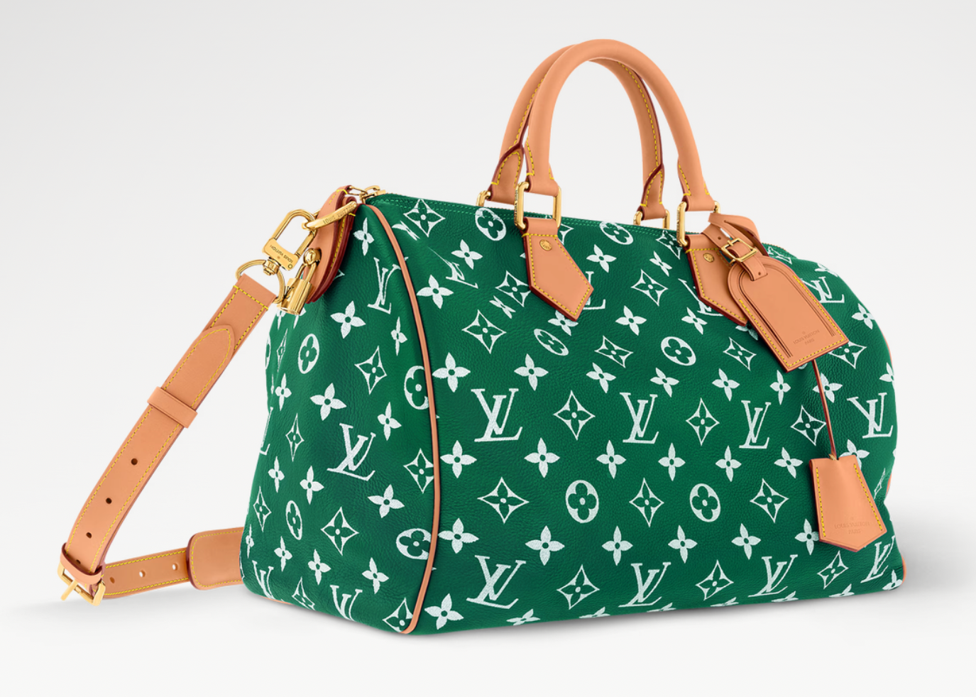 Louis Vuitton Speedy P9 Bandoulière 40 Monogram Leather Green, sac Louis Vuitton en cuir Monogram vert embossé avec poignées Toron et bandoulière ajustable.