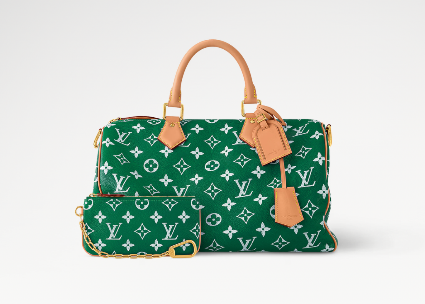 Louis Vuitton Speedy P9 Bandoulière 40 Monogram Leather Green, sac Louis Vuitton en cuir Monogram vert embossé avec poignées Toron et bandoulière ajustable.
