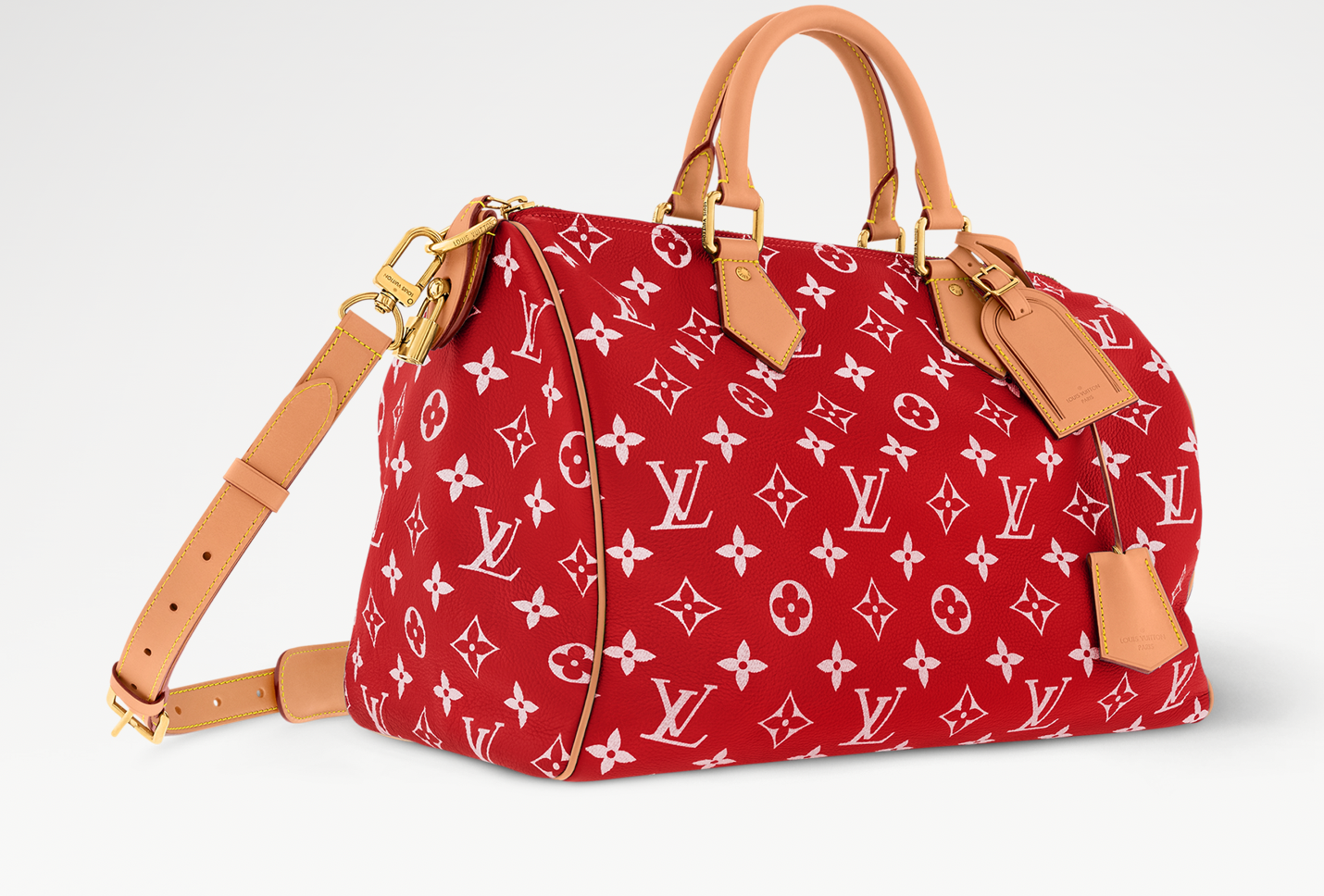 Louis Vuitton Speedy P9 Bandoulière 40 Monogram Leather Red, sac Louis Vuitton rouge en cuir Monogram embossé avec poignées Toron et bandoulière ajustable.