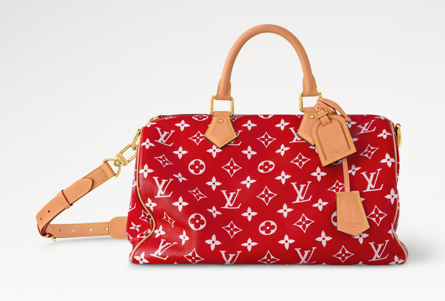 Louis Vuitton Speedy P9 Bandoulière 40 Monogram Leather Red, sac Louis Vuitton rouge en cuir Monogram embossé avec poignées Toron et bandoulière ajustable.