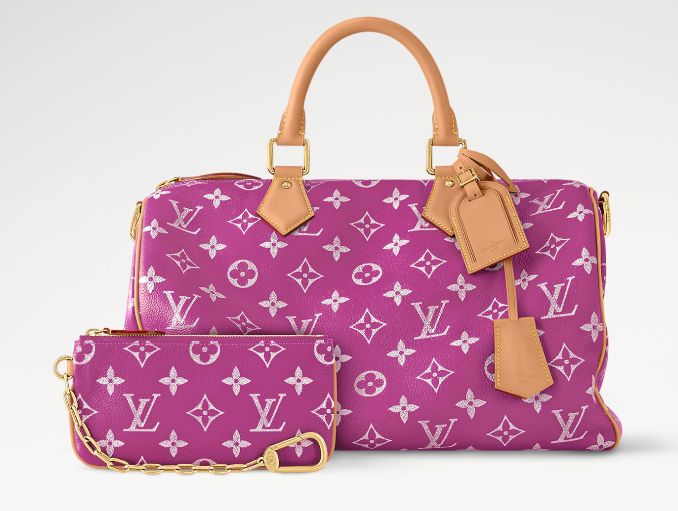 Louis Vuitton Speedy P9 Bandoulière 40 Pink Agate, sac Louis Vuitton rose en cuir de veau souple avec motif Monogram, poignées et bandoulière ajustable.